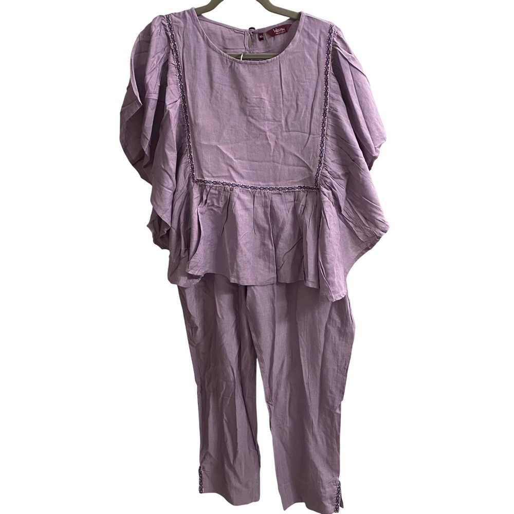 Mirraw Lavender Ruffle Sleeve Peplum Top‎ and Pants Set XL Purple Embroidered